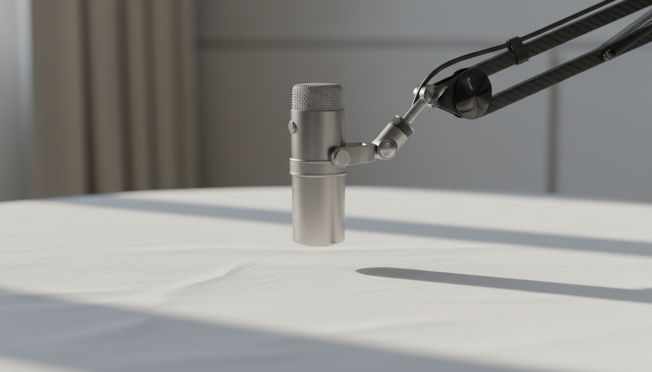 A pristine, stainless steel boom microphone suspended delicately on a carbon fiber arm, uniquely highlighted by a subtle contrast of shiny and matte finishes. The microphone is positioned above a minimal, uncluttered, softly textured white surface, with diffused daylight streaming in from an unseen side window, creating softly graduated shadows around the base. The image emanates a focused, high-tech, and sophisticated atmosphere. Framed with a tight, centered composition at eye level, the shallow depth of field subtly blurs the background, directing all attention to the clean lines and details of the microphone and arm. The visual style is ultra-crisp and modern, echoing the advanced technology and premium quality of production gear.