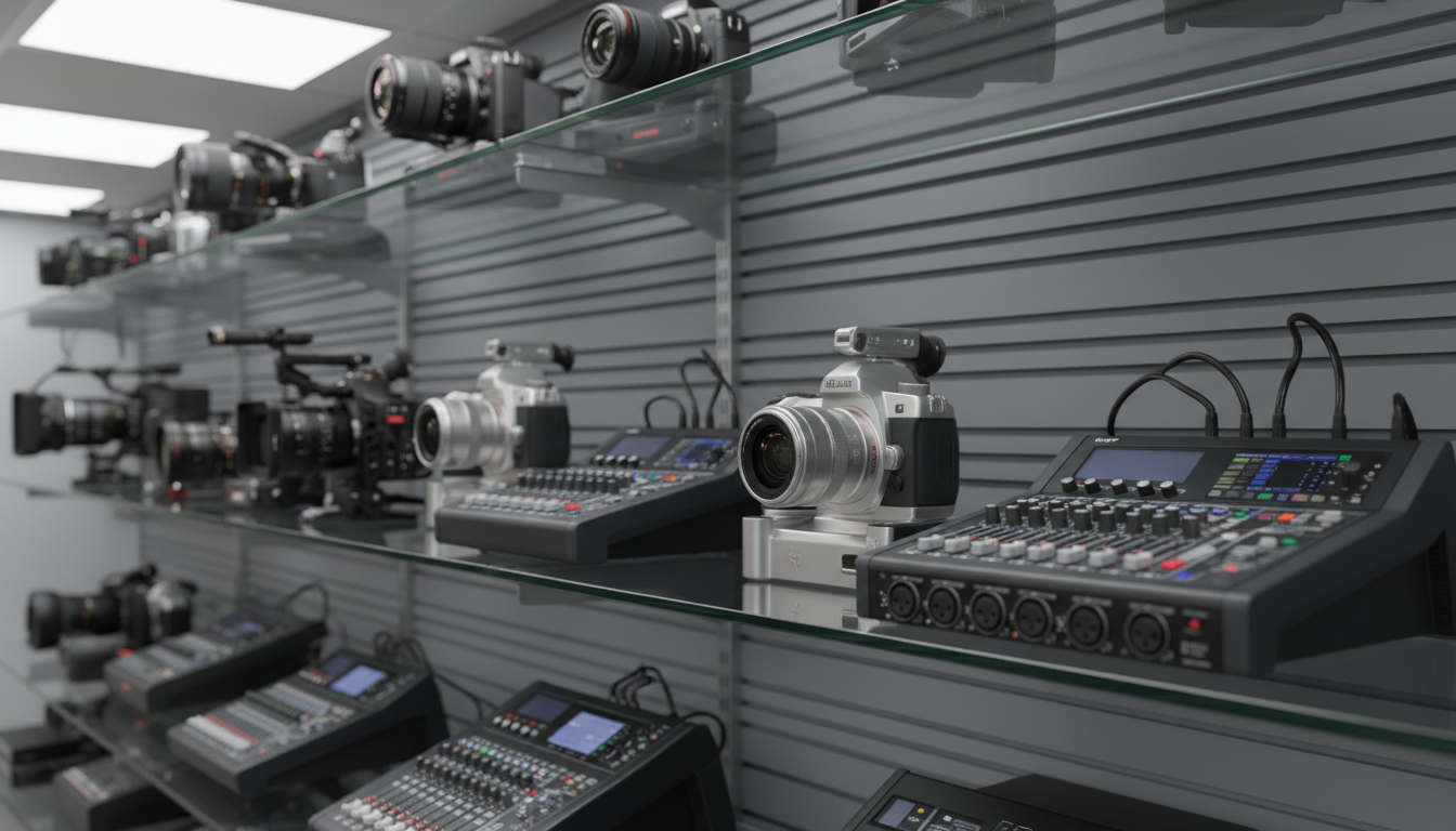 A row of immaculately polished, high-end professional cameras and audio mixers, each crafted from premium brushed aluminum and matte black finishes, displaying subtle texture and detailing. The equipment is neatly arranged on a modern glass shelving unit against a backdrop of soft gray wall panels, highlighting their pristine condition. Overhead, a grid of soft daylight LEDs casts gentle, even illumination, creating subtle highlights along the edges and soft, sophisticated shadows. The atmosphere is sleek and contemporary, exuding a sense of order and premium quality. The composition is eye-level and balanced, with a shallow depth of field to emphasize the equipment while softly blurring the background. The style is clean, modern, and photographic in realism, perfectly capturing the essence of a professional production store.