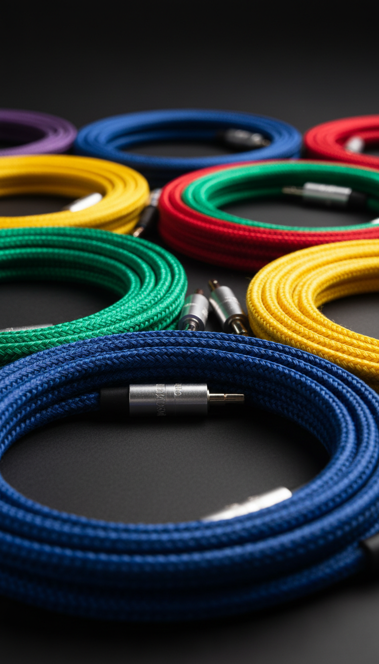 A detailed macro shot of a collection of vibrant, color-coded production cables—each with anodized metal connectors and intricately braided outer sheaths. These cables are neatly coiled atop a pure matte black surface, with hints of reflective sheen playing across the different hues under soft, overhead studio lighting. No other objects distract from this vibrant, harmonic arrangement. The atmosphere feels energetic yet meticulously organized, suitable for a high-end technical environment. The camera is positioned almost level with the surface, emphasizing texture and color contrast through a sharp, focused foreground that gently transitions to a smooth bokeh effect in the background. The visual impression is striking, colorful, and clean—a modern celebration of essential production accessories.